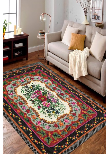 | Vintage Eskitme Tarz Otantik Minimalist Kırmızı-Siyah-Yeşil | Yıkanabilir Halı modelleri