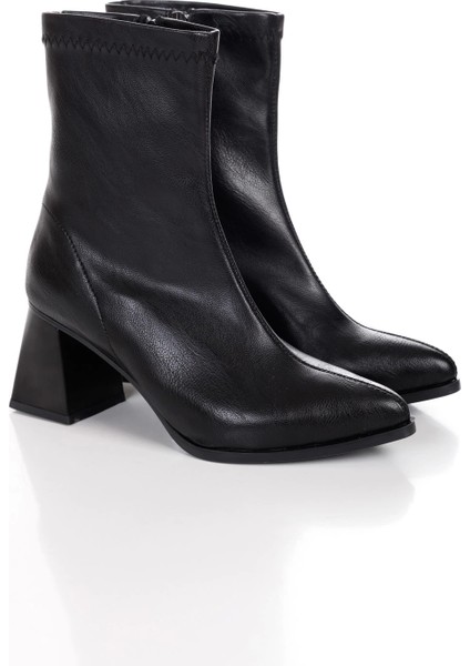 Siyah 7 cm Kalın Topuklu Sivri Burunlu Streç Bot fiyatları