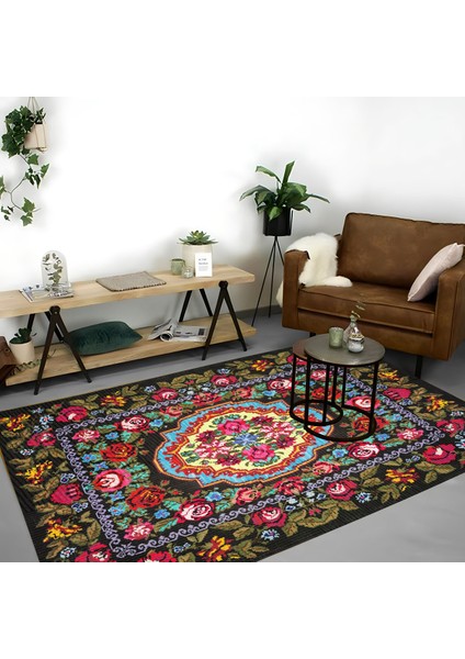 | Vintage Eskitme Tarz Otantik Minimalist Kırmızı-Turuncu-Yeşil | Yıkanabilir Halı