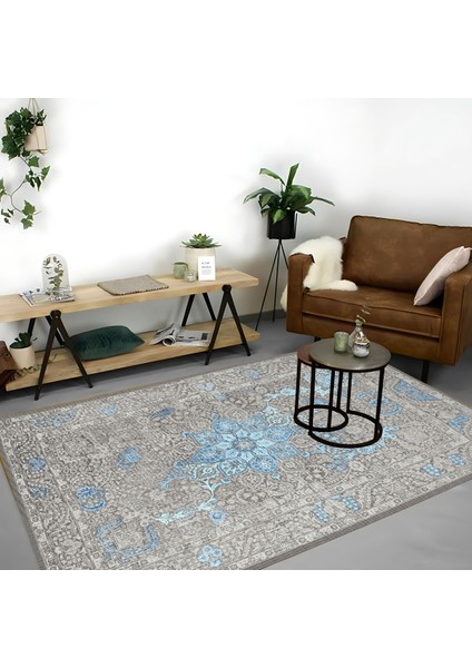 |vintage Eskitme Tarz Otantik Minimalist Gri-Mavi |yıkanabilir Halı