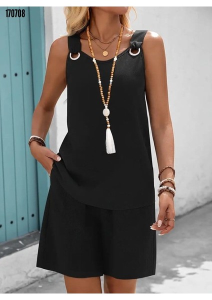 Kadın Askılı Yuvarlak Yaka Kuş Gözü Detaylı Bürümcük Bluz ve Short Ikili Takım Son Görsel Hediye