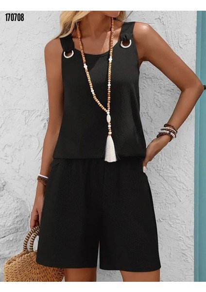 Kadın Askılı Yuvarlak Yaka Kuş Gözü Detaylı Bürümcük Bluz ve Short Ikili Takım Son Görsel Hediye fırsatları