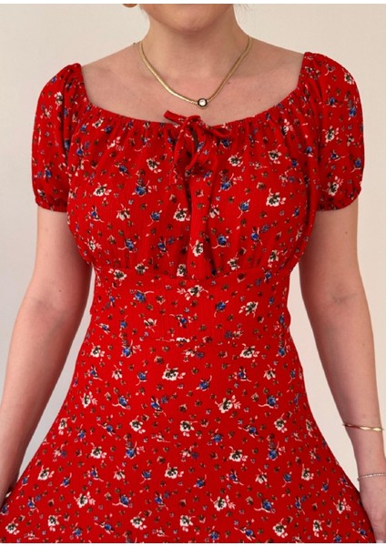 Kayık Yaka Önü Bağlamalı Çiçek Desenli Göğüs Büzgülü Bürümcük Midi Elbise modelleri