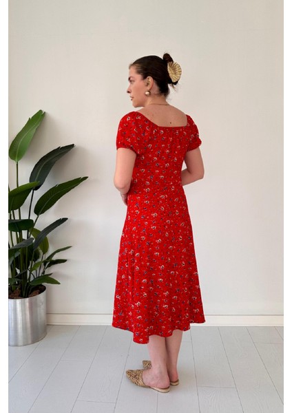 Kayık Yaka Önü Bağlamalı Çiçek Desenli Göğüs Büzgülü Bürümcük Midi Elbise fırsatları