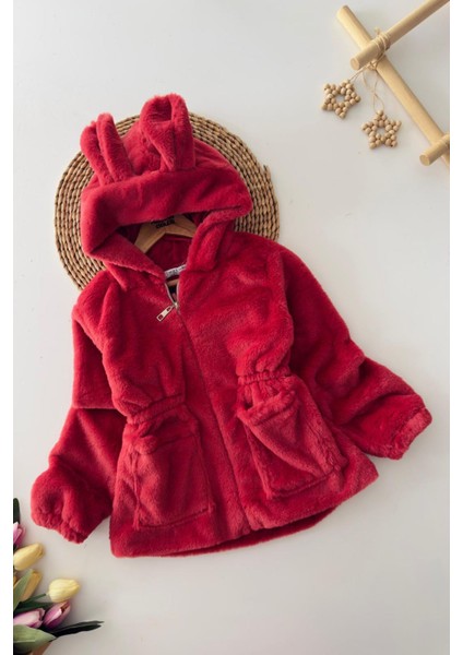 Kulaklı Kapüşonlu Kız Çocuk peluş mont - Kırmızı