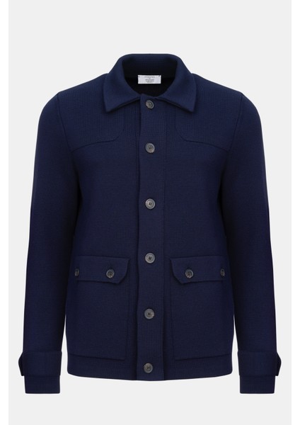 Erkek Lacivert Düğmeli Cep Detaylı Yün Hırka