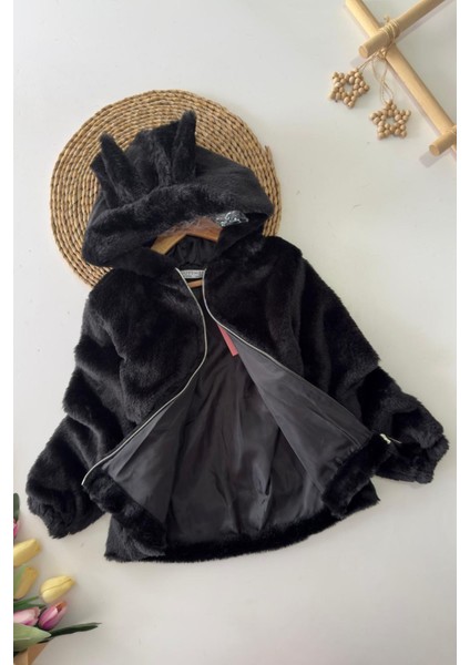 Kulaklı Kapüşonlu Kız Çocuk peluş mont - Siyah fiyatları
