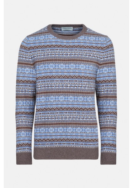 Erkek Kahverengi Bisiklet Yaka Desenli Lambswool Kazak