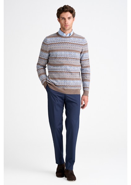 Erkek Kahverengi Bisiklet Yaka Desenli Lambswool Kazak fiyatları