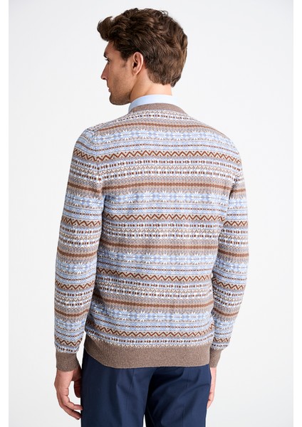 Erkek Kahverengi Bisiklet Yaka Desenli Lambswool Kazak fırsatları