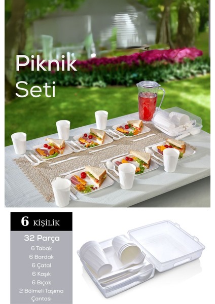 Mithra Life 6 Kişilik Çantalı Beyaz Çatal Bıçak Kaşık ve Tabak Piknik Seti MIT1232