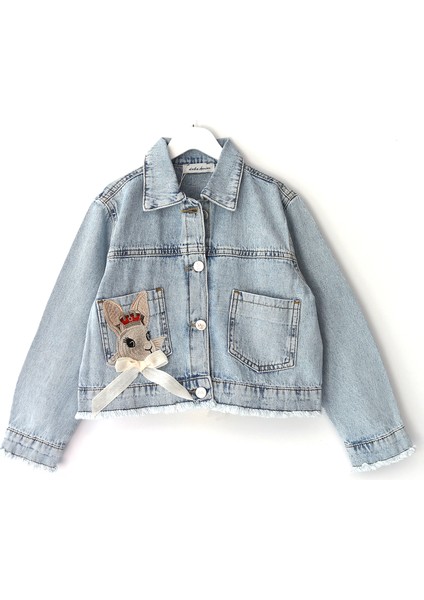 Nakışlı Etek Ucu Püsküllü Cepli Kız Çocuk Crop Denim Ceket Kız Kot Mont 001-0002104