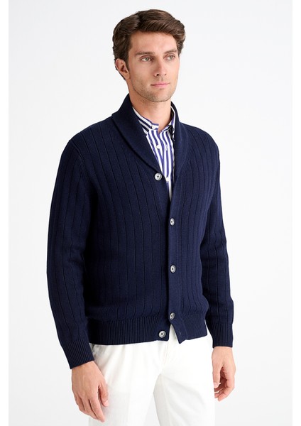 Erkek Lacivert Pamuk Kaşmir Karışımlı Şal Yaka Düğmeli Hırka modelleri