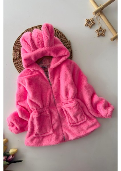 Kulaklı Kapüşonlu Kız Çocuk peluş mont - Pembe