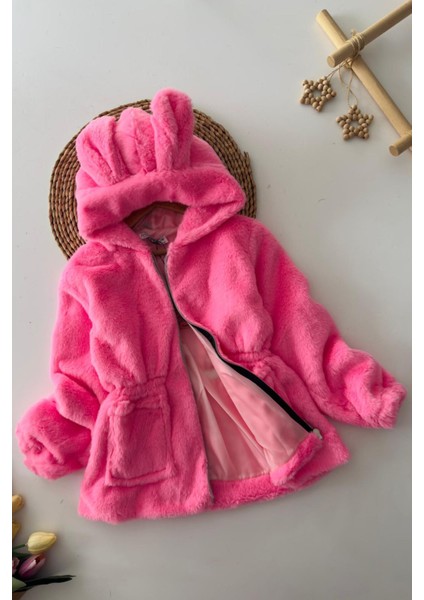Kulaklı Kapüşonlu Kız Çocuk peluş mont - Pembe fiyatları