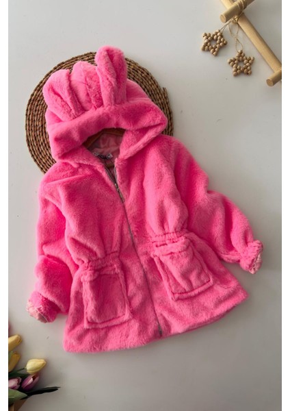 Kulaklı Kapüşonlu Kız Çocuk peluş mont - Pembe modelleri