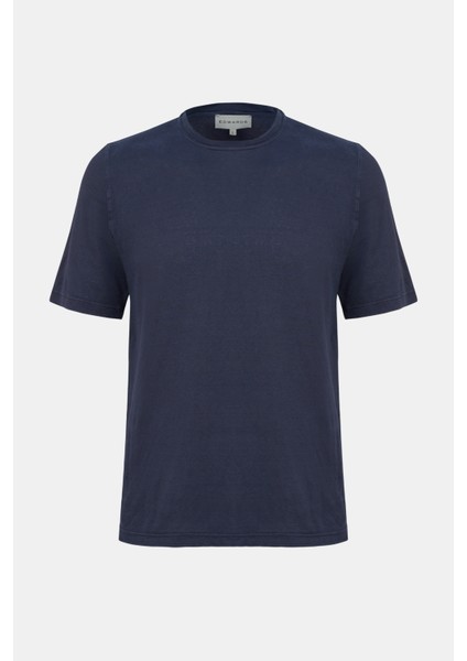 Erkek Mavi Bisiklet Yaka Keten T-Shirt