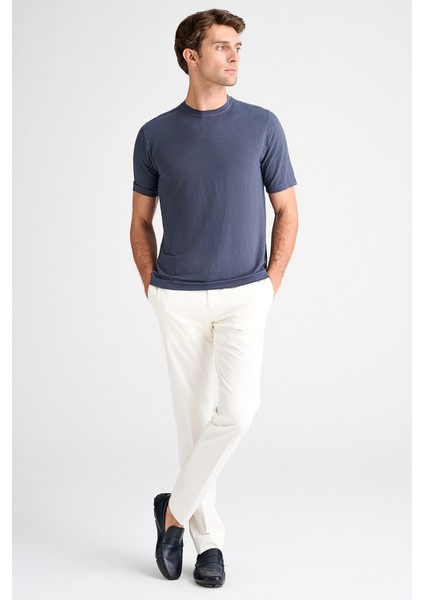 Erkek Mavi Bisiklet Yaka Keten T-Shirt fiyatları