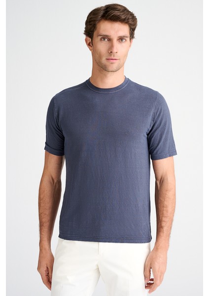 Erkek Mavi Bisiklet Yaka Keten T-Shirt modelleri