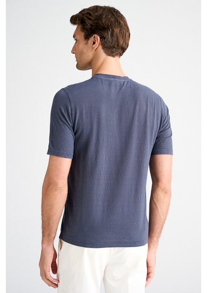 Erkek Mavi Bisiklet Yaka Keten T-Shirt fırsatları