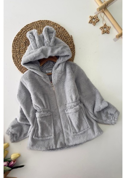Kulaklı Kapüşonlu Kız Çocuk peluş mont - Gri