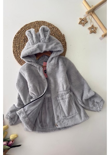 Kulaklı Kapüşonlu Kız Çocuk peluş mont - Gri fiyatları