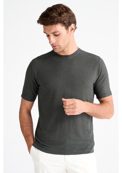 Erkek Yeşil Bisiklet Yaka Keten T-Shirt modelleri