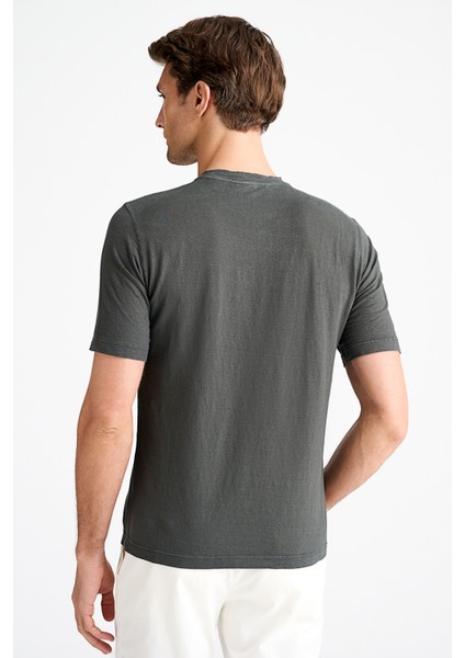 Erkek Yeşil Bisiklet Yaka Keten T-Shirt fırsatları