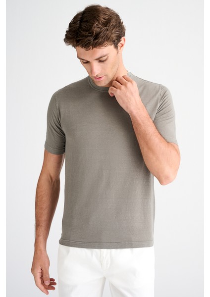 Erkek Bej Bisiklet Yaka Keten T-Shirt modelleri