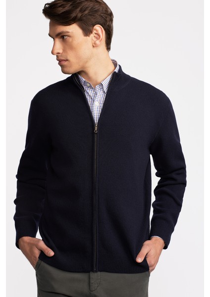 Erkek Lacivert Yün Kaşmir Karışımlı Fermuarlı Hırka