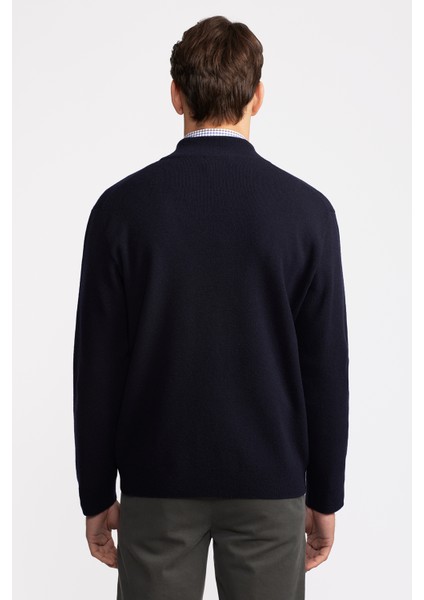 Erkek Lacivert Yün Kaşmir Karışımlı Fermuarlı Hırka