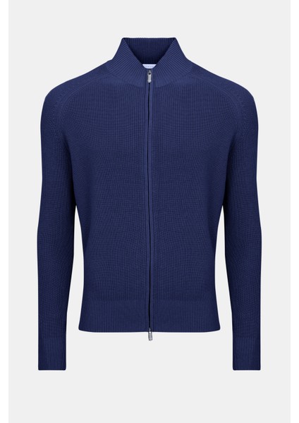 Erkek Lacivert Pamuk Kaşmir Karışımlı Fermuarlı Hırka