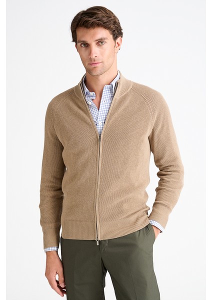 Erkek Bej Pamuk Kaşmir Karışımlı Fermuarlı Hırka