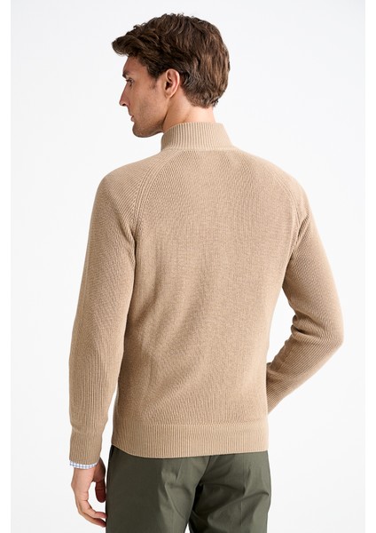 Erkek Bej Pamuk Kaşmir Karışımlı Fermuarlı Hırka