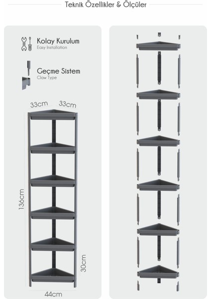 Mithra Life 6 Katlı Üçgen Plastik Gri Banyo Mutfak Rafı MIT1235 fiyatları