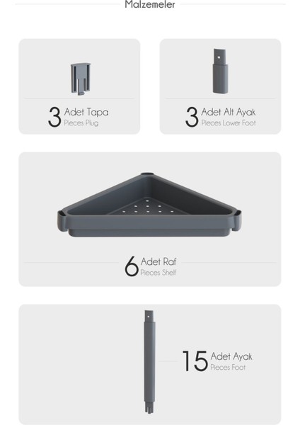 Mithra Life 6 Katlı Üçgen Plastik Gri Banyo Mutfak Rafı MIT1235 modelleri