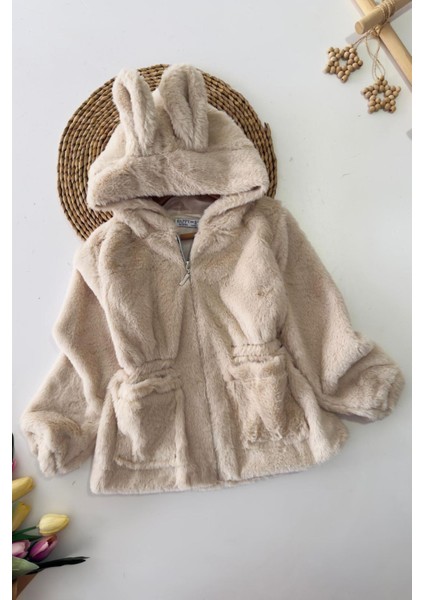 Kulaklı Kapüşonlu Kız Çocuk peluş mont - Bej