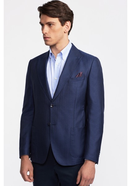 Erkek Lacivert Loro Piana Kumaşıyla Üretilmiş Yün Ipek Karışımlı Casual Ceket modelleri
