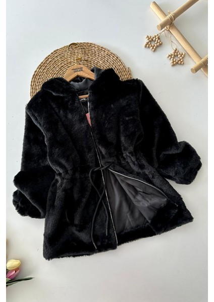 Belden Bağcık Detaylı Kapüşonlu Peluş Kız çocuk mont - Siyah