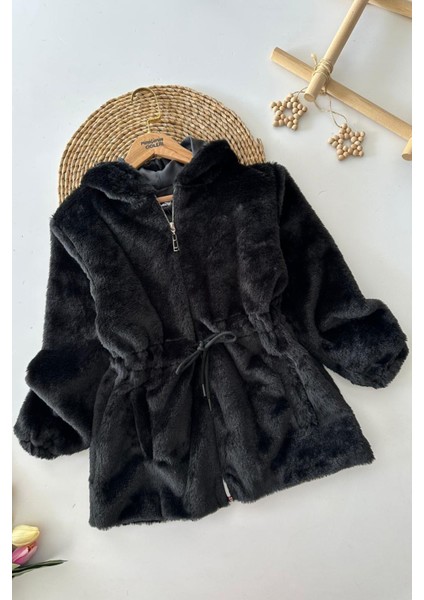 Belden Bağcık Detaylı Kapüşonlu Peluş Kız çocuk mont - Siyah fiyatları