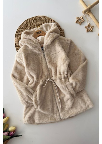 Belden Bağcık Detaylı Kapüşonlu Peluş Kız çocuk mont - Bej fiyatları
