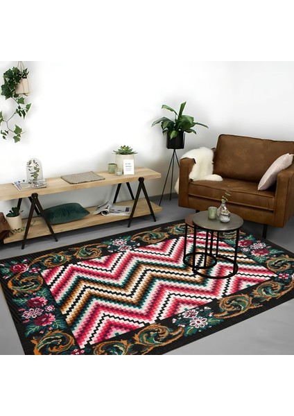 | Vintage Eskitme Tarz Otantik Minimalist Kırmızı-Siyah-Yeşil | Yıkanabilir Halı