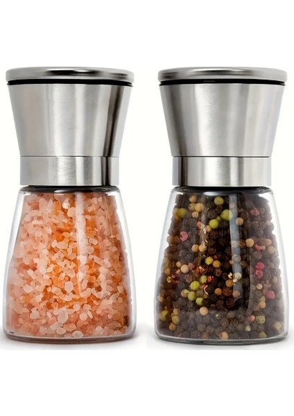 Mithra Life 2 Li Set Metal Krom Kapaklı Cam Tuz Karabiber Değirmeni Tuzluk Biberlik MIT1244