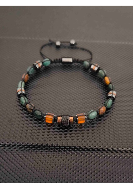 Kristal Kesim Yeşim-Kristal Kesim Kaplangözü-Damla Kehribar-Zirkon-Hematit Doğaltaş Bileklik Takı Aksesuar Erkek Bileklik