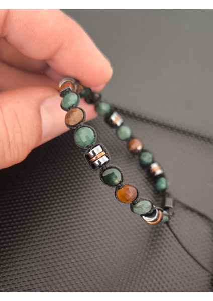 Kristal Kesim Yeşim-Kristal Kesim Kaplangözü-Damla Kehribar-Zirkon-Hematit Doğaltaş Bileklik Takı Aksesuar Erkek Bileklik