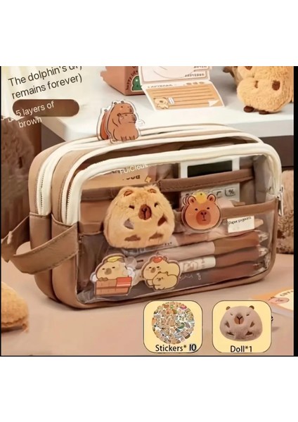 Capybara Kalem Kutusu Kapibara Kalemlik Büyük Kapasiteli Aksesuarlı (10 Sticker + 1 Doll Hediye)Geniş Büyük Boy