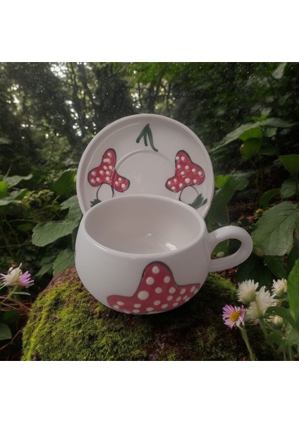 Seramik El Yapımı Büyük Mantar Desenli Tabaklı Fincan