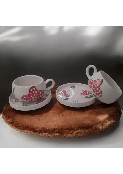 Seramik El Yapımı Büyük Mantar Desenli Tabaklı Fincan modelleri