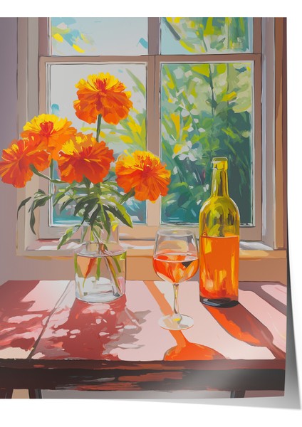 Çerçevesiz Poster, Pencerede Vazoda Turuncu Çiçekler, Mutfak Dekoru Poster No: 112467