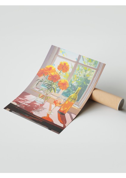 Çerçevesiz Poster, Pencerede Vazoda Turuncu Çiçekler, Mutfak Dekoru Poster No: 112467 modelleri